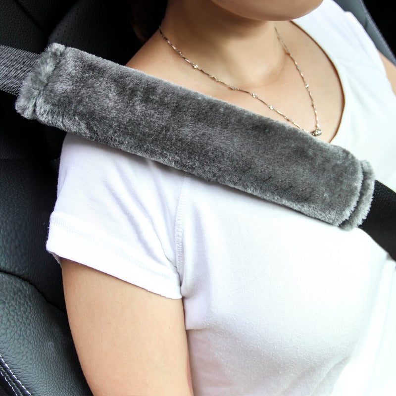 Amooca Soft Faux Fur Universal Fit Seatbelt Cover Car Truck SUV Airplane Seat Belt Shoulder Pad for Carmera Backpack Straps Neck Cushion Protector 2 Pack 10.5in Dark Gray - Image 1